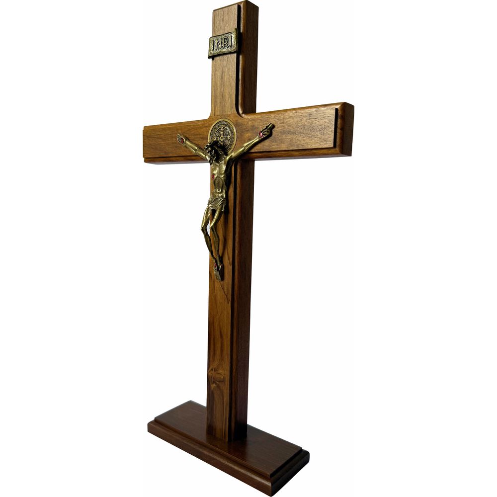 Cruz Crucifixo Madeira Com Cristo Metal Mesa e Parede 35cm