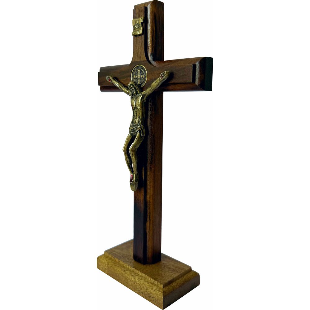 Cruz Crucifixo Madeira Com Cristo Metal Mesa e Parede 19cm