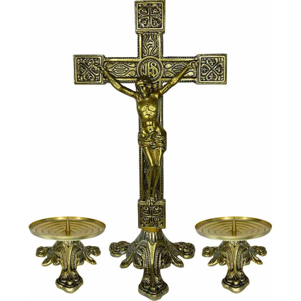 Conjunto Crucifixo Metal De Altar 37,5 Cm e 2 Castiçal Baixo 7x13cm