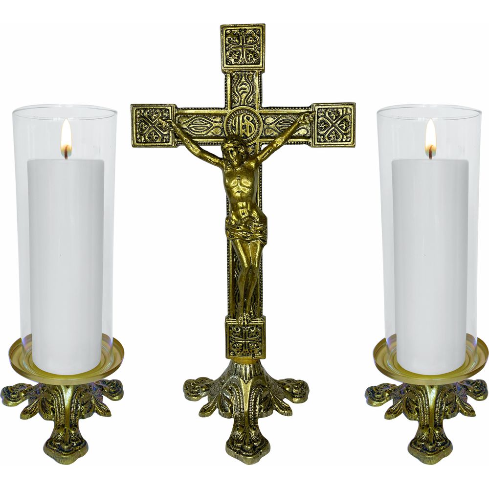 Conjunto Crucifixo Metal De Altar 37,5 Cm e 2 Castiçal Baixo C/ Donzela (vela Não Inclusa)