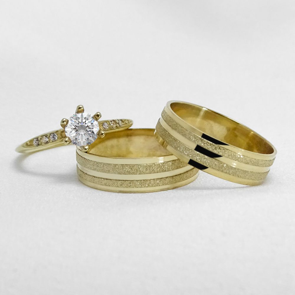 Aliança de Casamento em Ouro Maciço 5mm Reta Diamantada Amore - Combo