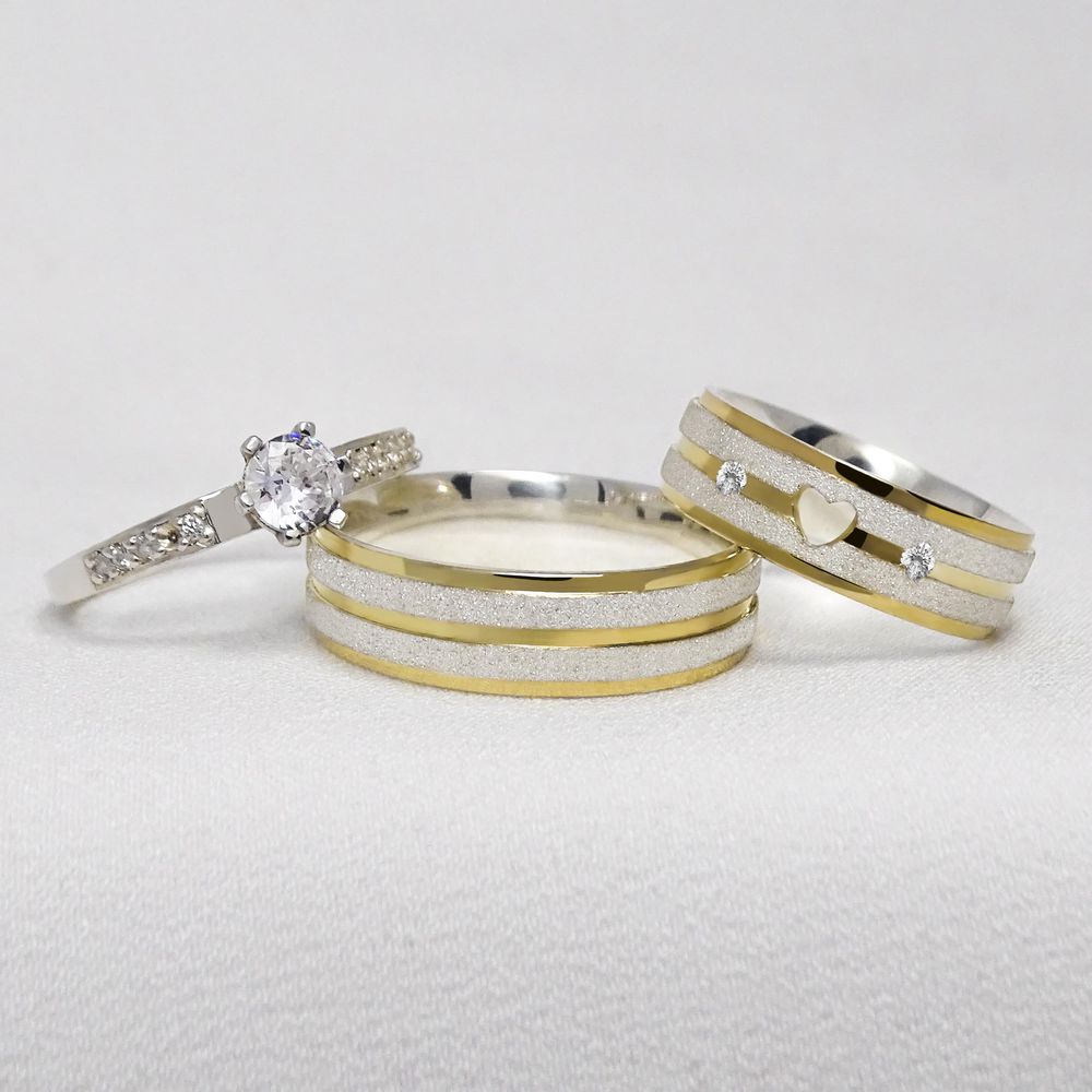 Par de Aliança em Prata + Anel Solitario com Detalhe Diamantado Infinity Link - Combo