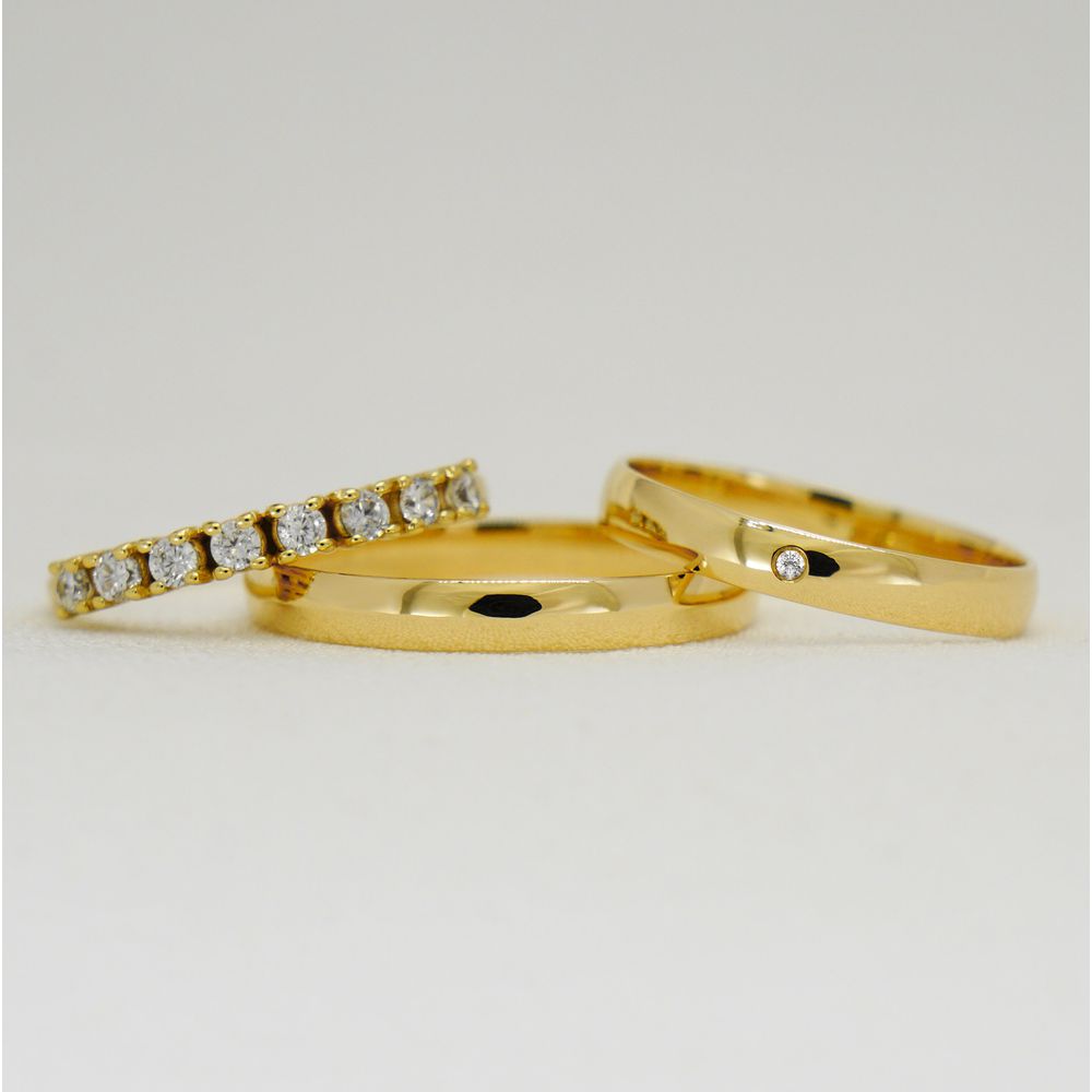 Par de Aliança de Casamento em Ouro + Anel noivado Aurora Sapphire - Combo