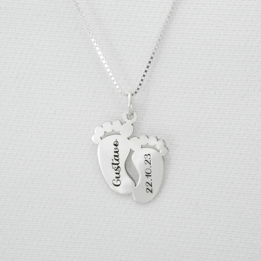 Pingente em Prata 995 Personalizado Pezinho com nome e Data