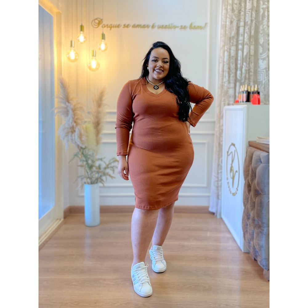 Vestido Tubinho Marrom Manga Longa G/GG 