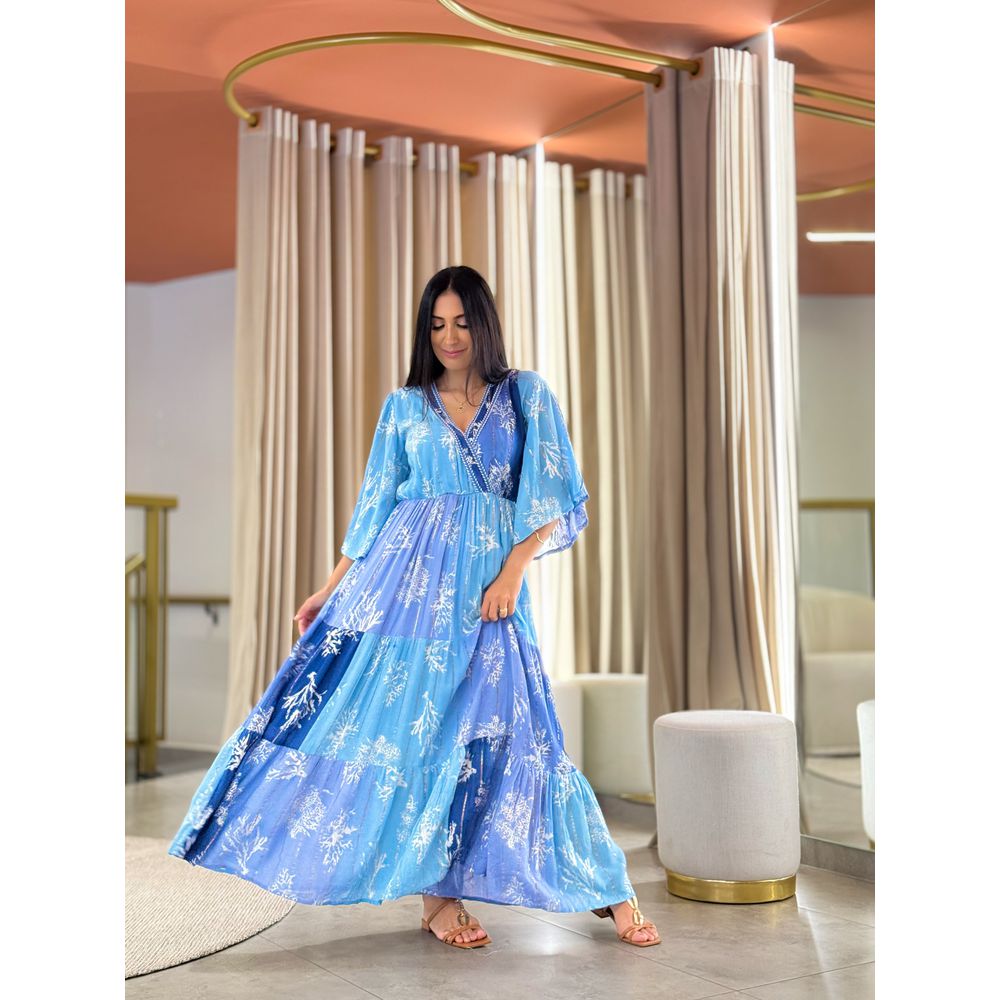 Vestido Eduarda Azul E Dourado
