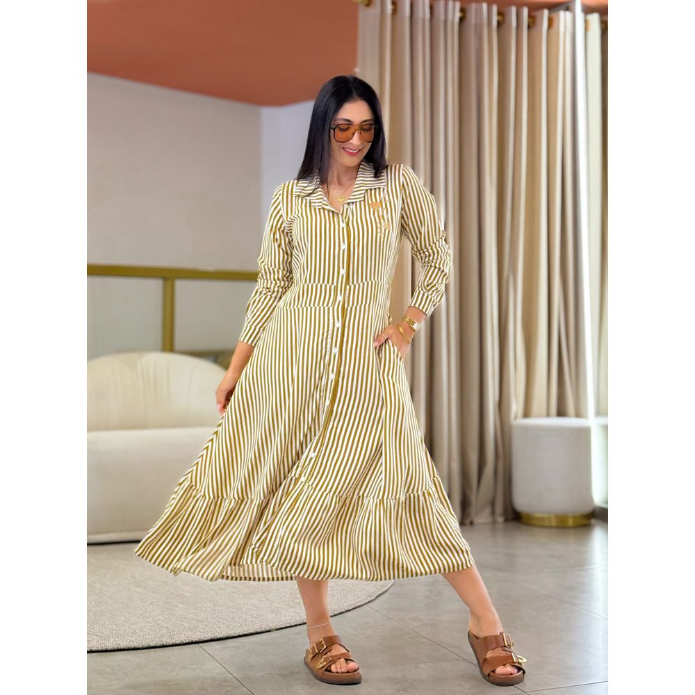 Vestido Aurora Mostarda E Branco