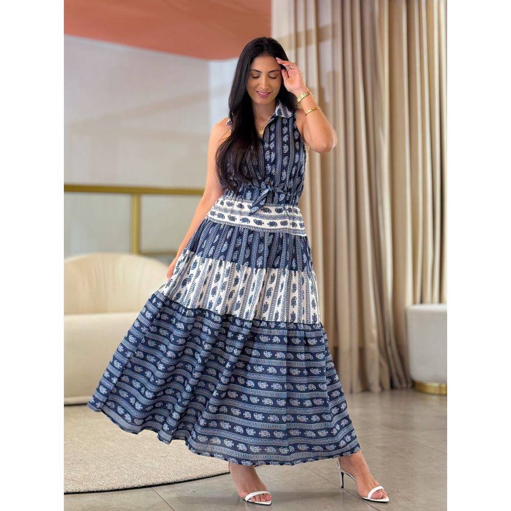 Vestido Flora Azul E Off White