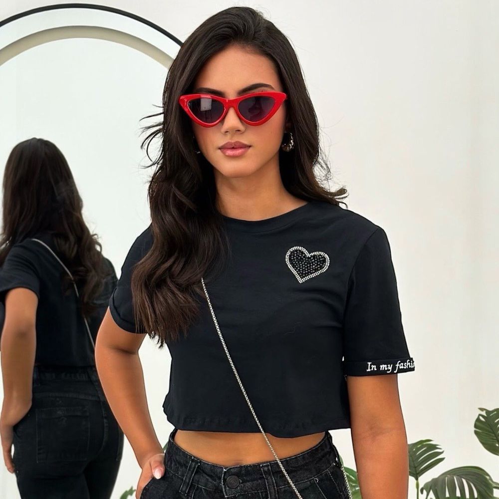 Cropped Preto de Coração - PURO GLAMOUR KIDS
