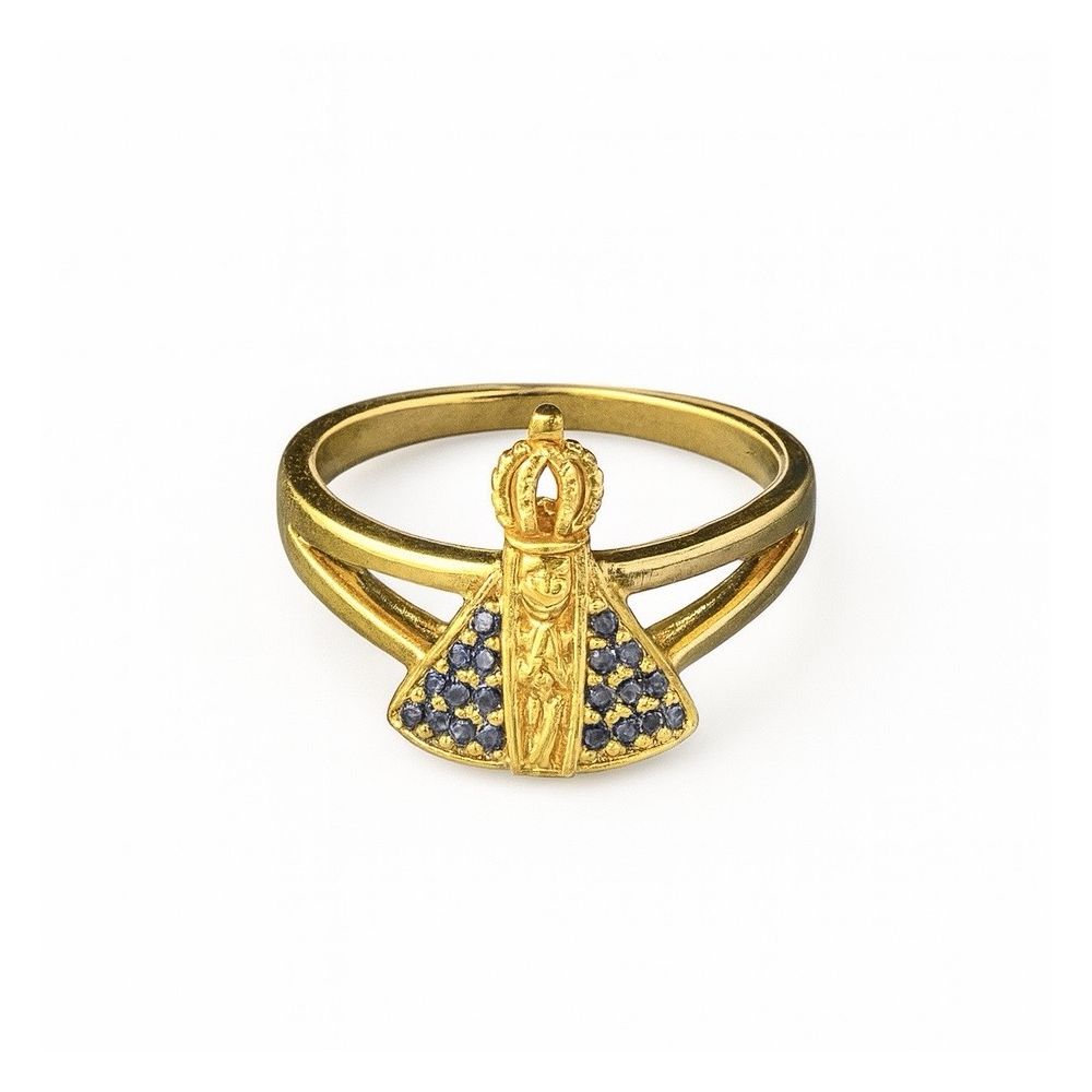 Anel Nossa Senhora Cravejado Azul Banhado a Ouro 1... - RC JOIAS BY RUDI