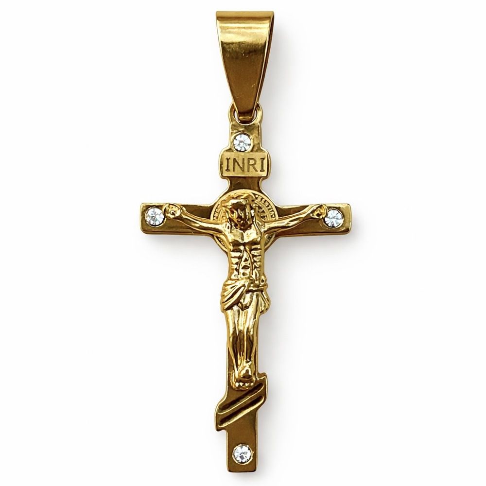 Pingente Cruz Jesus Cravado Aço Dourado - 00000000... - RC JOIAS BY RUDI
