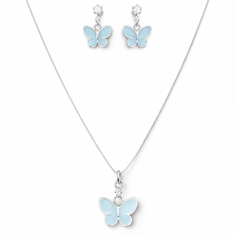 Conjunto Infantil Borboleta Azul Banhado a Prata 9... - RC JOIAS BY RUDI