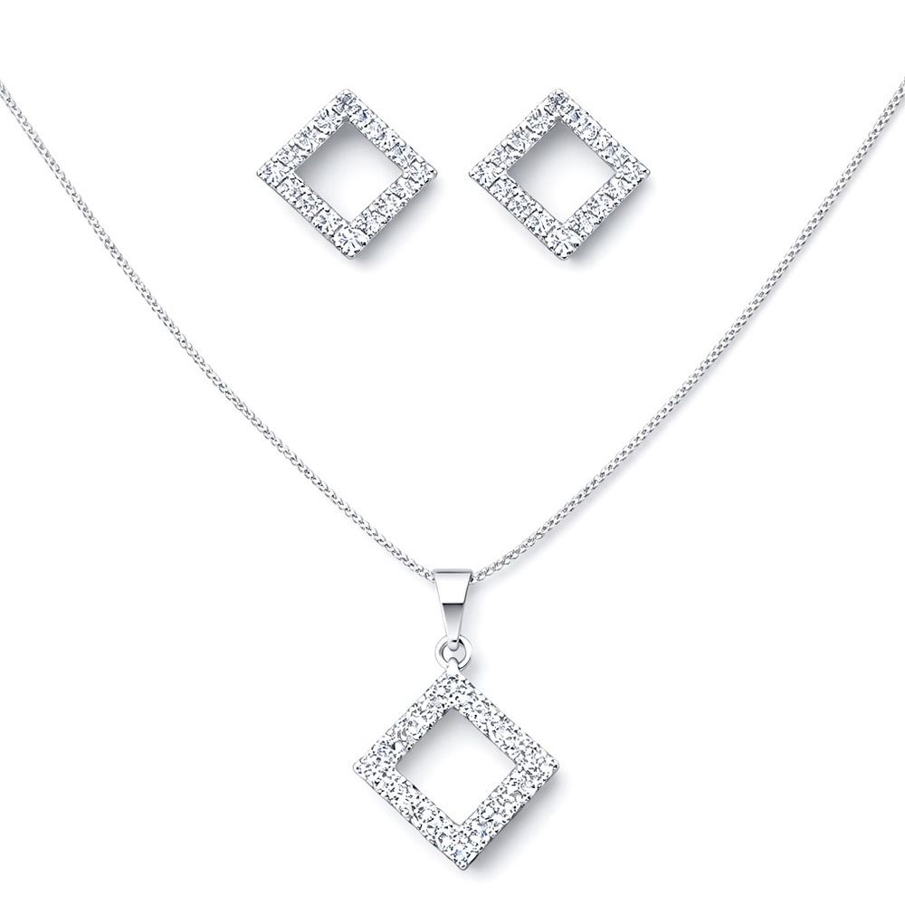 Conjunto Losango Vazado Strass Banhado a Prata 925... - RC JOIAS BY RUDI