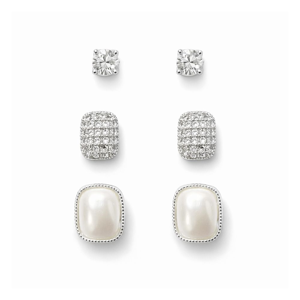 Brinco Trio Pérola Cravejado Luz Banhado a Prata 9... - RC JOIAS BY RUDI