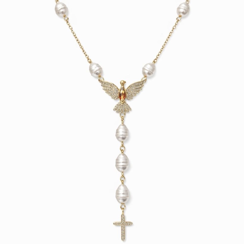 Colar Terço Espírito Santo Pérola Cravejado Hipoal... - RC JOIAS BY RUDI