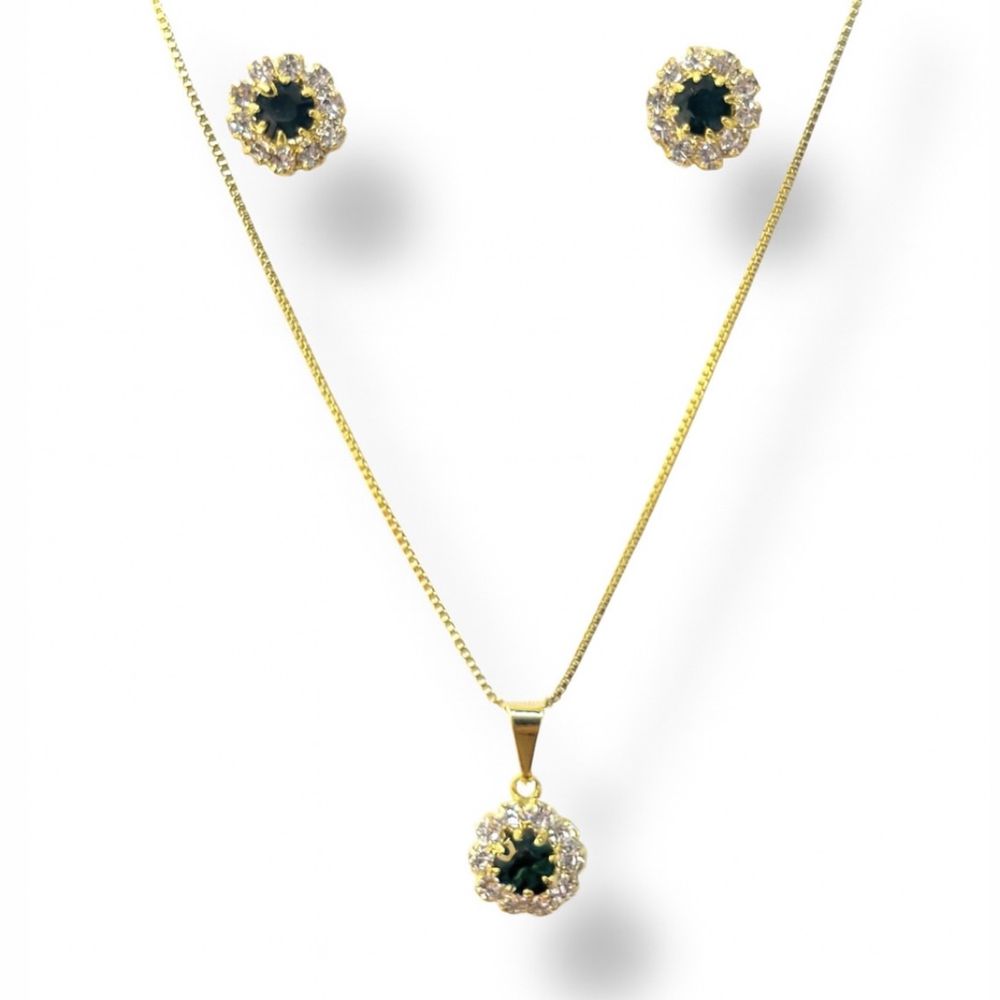 Conjunto Flor Verde Escuro Strass Banhado A Ouro 1... - RC JOIAS BY RUDI