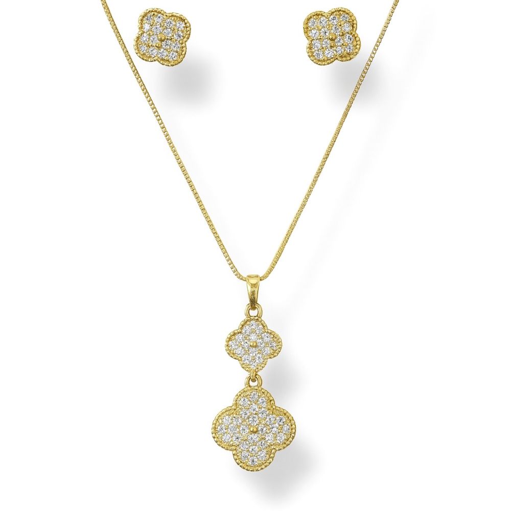 Conjunto Trevo Alhambra Cravejado Banhado A Ouro 1... - RC JOIAS BY RUDI