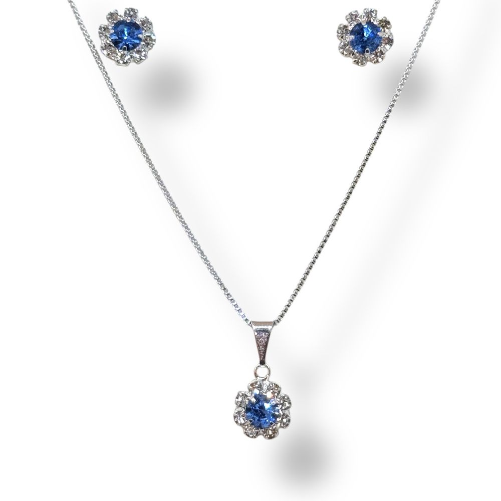 Conjunto Flor Azul Royal Strass Banhado A Prata 92... - RC JOIAS BY RUDI
