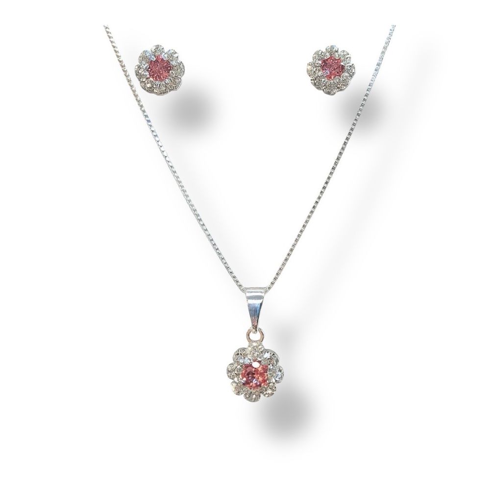 Conjunto Flor Rosa Strass Banhado A Prata 925 - 00... - RC JOIAS BY RUDI