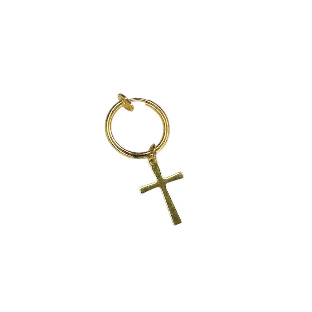 Brinco Único Cruz Fina Pendura Aço Dourado - 0000... - RC JOIAS BY RUDI