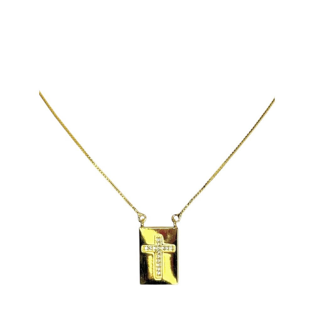 Colar Cruz Cravejado Placa Banhado A Ouro 18K - 00... - RC JOIAS BY RUDI