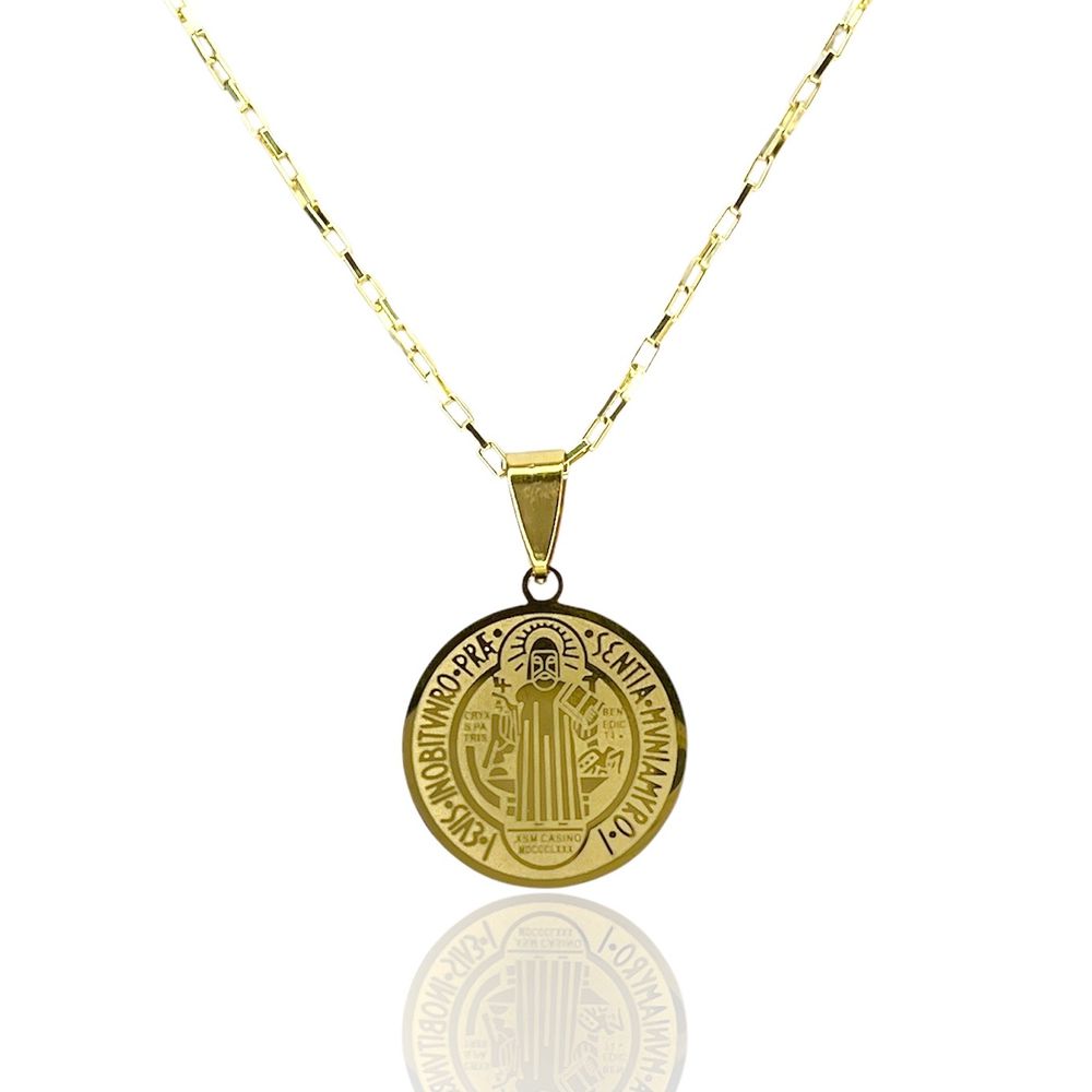 Pingente Medalha são Bento Aço Dourado - 000000002... - RC JOIAS BY RUDI