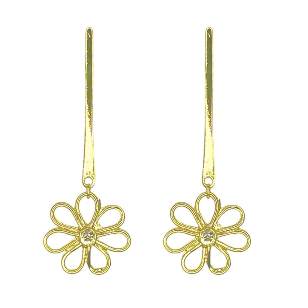 Brinco Flor Base Escovada Palito Strass Banhado a ... - RC JOIAS BY RUDI