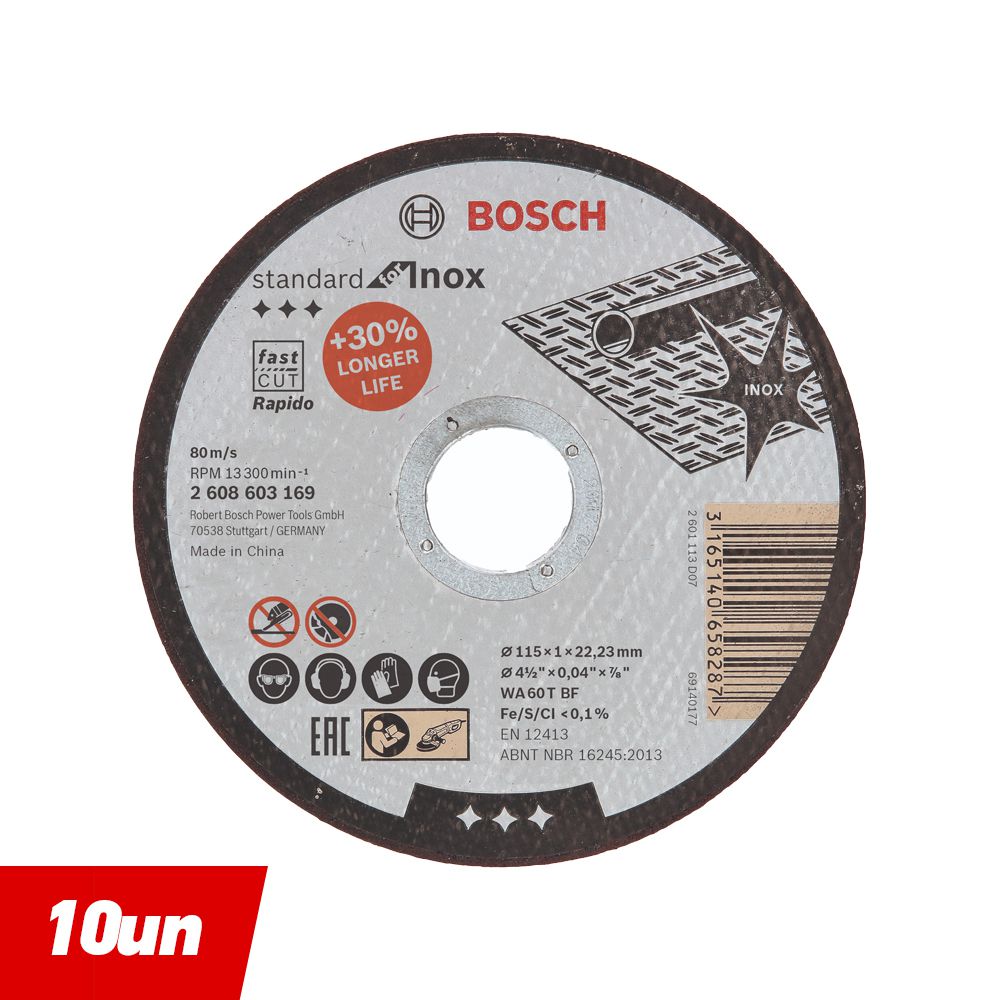 Disco de Corte Inox 4.1/2'' (115x1mm Reto - 10 Uni.) - Bosch 