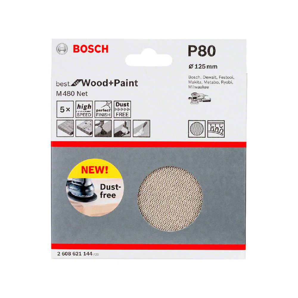 Disco de Lixa Bosch M480 Best for Wood & Paint; 125mm G80 Pacote com 5 unidades