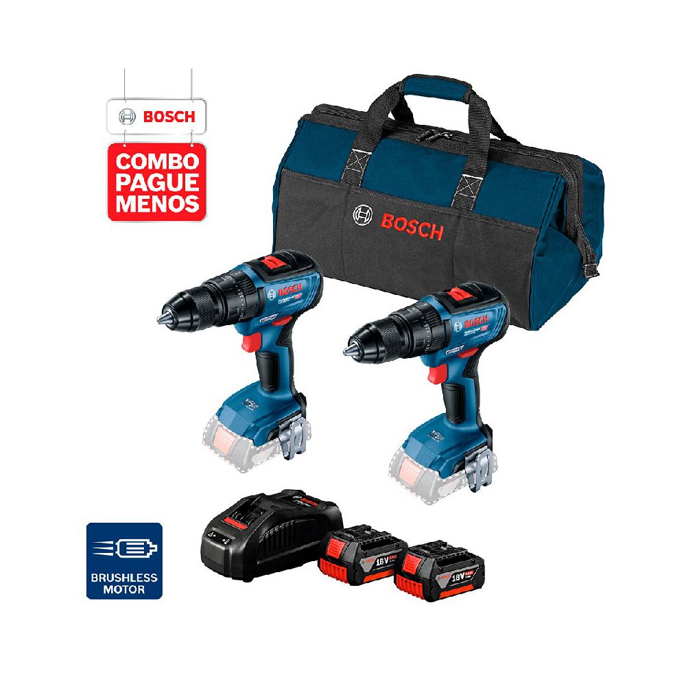 Combo Pague Menos Bosch 18V - Parafus. e Furadeira de Impacto GSB 18V-50 + Parafus. e Furadeira de Impacto GSB 18V-50, 2... - Ritec Máquinas e Ferramentas