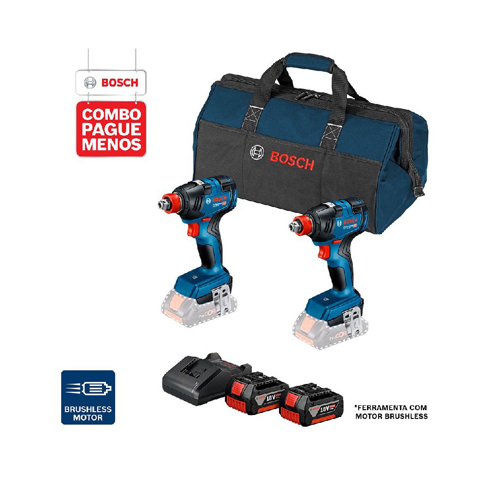 Combo Pague Menos Bosch 18V - Chave de Impacto GDX 18V-200 + Chave de Impacto GDX 18V-200, 2 baterias 18V 4,0Ah 1 carregadore 1 bolsa