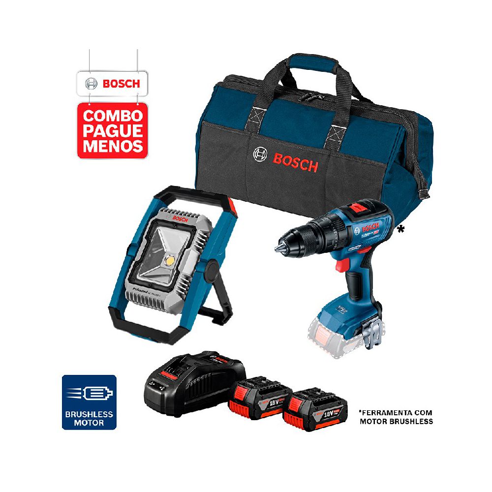 Combo Pague Menos Bosch 18V - Parafus. e Furadeira de Impacto de Impacto GSB 18V-50 + Lanterna GLI 18V-1900, 2 baterias 18V 4,0Ah 1 carregador e 1 bolsa