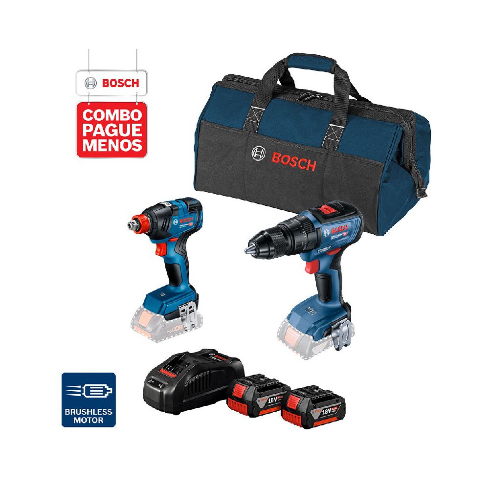 Combo Pague Menos Bosch 18V - Parafus. e Furadeira de Impacto de Impacto GSB 18V-50 + Chave de Impacto GDX 18V-200, 2 baterias 18V 4,0Ah 1 carregador e 1 bolsa