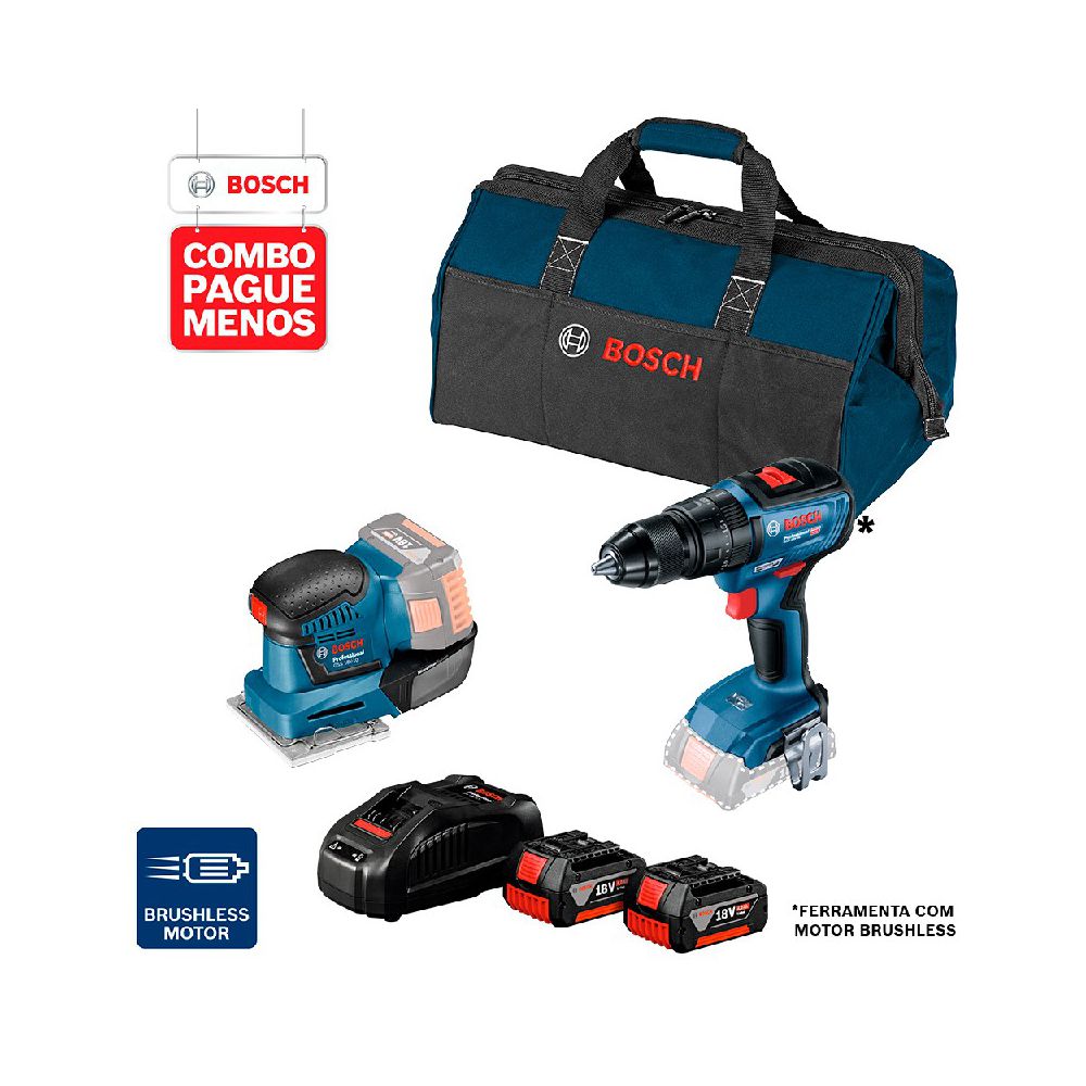 Combo Pague Menos Bosch 18V - Parafus. e Furadeira de Impacto de Impacto GSB 18V-50 + Lixadeira GSS 18V-10, 2 baterias 1... - Ritec Máquinas e Ferramentas