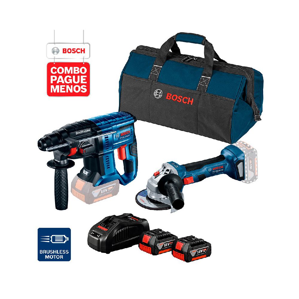 Combo Pague Menos Bosch 18V - Martelete Perf. GBH 180-LI SDS-Plus, 2J + Esmerilhadeira GWS 180-LI, 2 baterias 18V 4,0Ah ... - Ritec Máquinas e Ferramentas