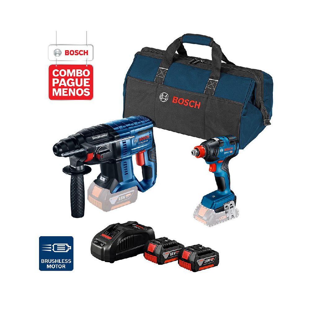 Combo Pague Menos Bosch 18V - Martelete Perf. GBH 180-LI SDS-Plus, 2J + Chave de Impacto GDX 18V-200, 2 baterias 18V 4,0Ah 1 carregador e 1 bolsa