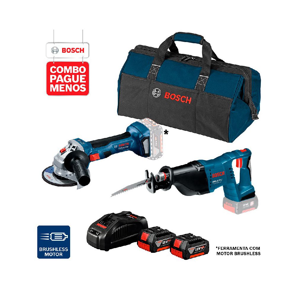 Combo Pague Menos Bosch 18V - Esmerilhadeira GWS 180-LI + Serra Sabre GSA 18V-LI, 2 baterias 18V 4,0Ah 1 carregador e 1 bolsa