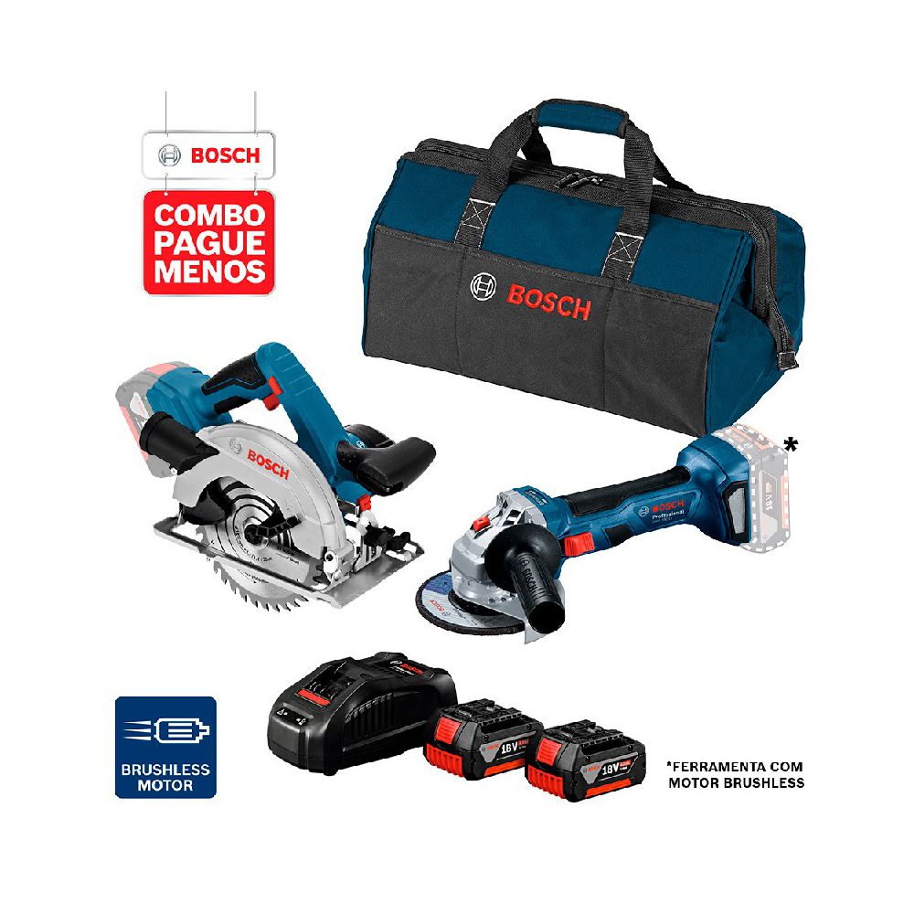 Combo Pague Menos Bosch 18V - Esmerilhadeira GWS 180-LI + Serra Circular GKS 18V-57, 2 baterias 18V 4,0Ah 1 carregado e 1 bolsa 