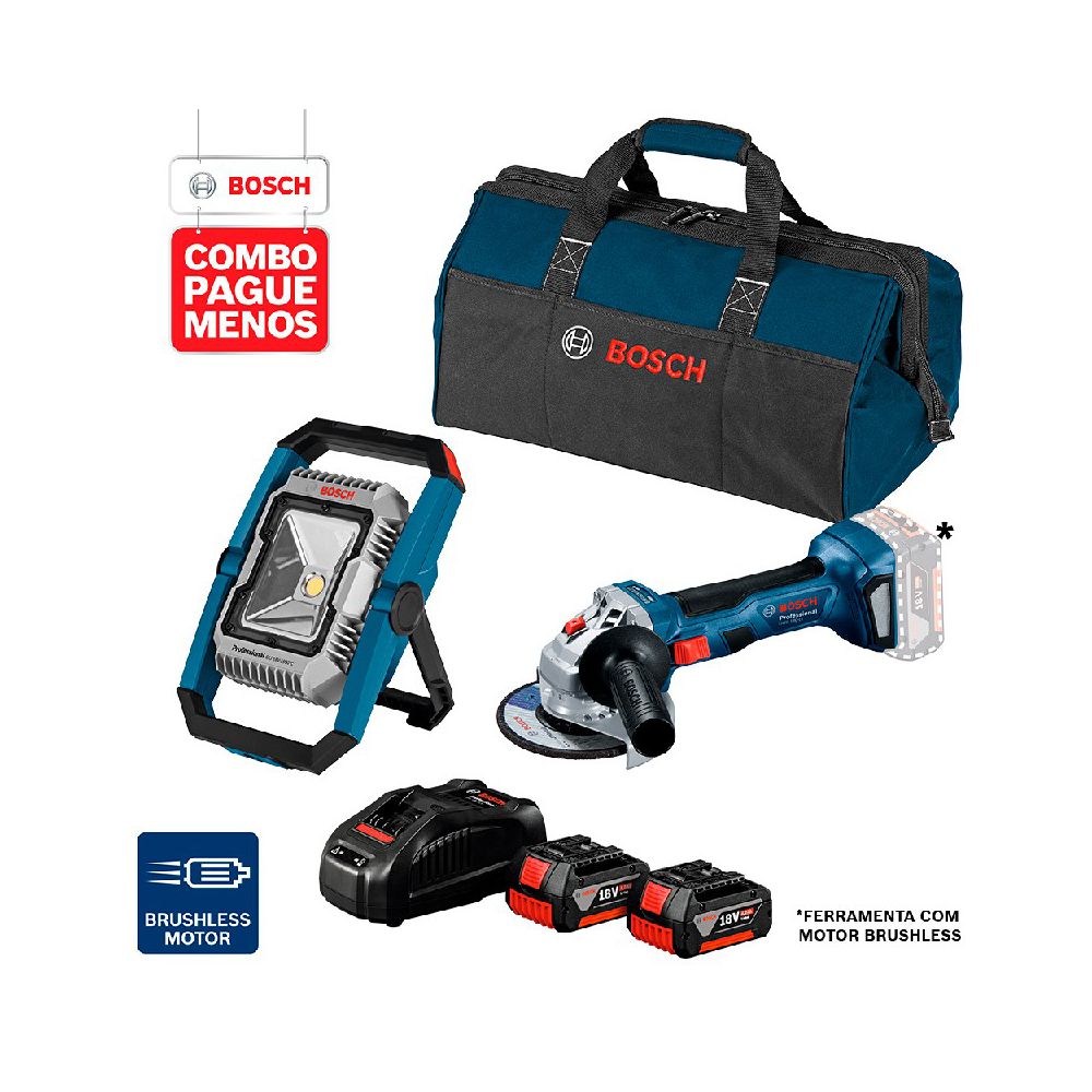 Combo Pague Menos Bosch 18V - Esmerilhadeira GWS 180-LI + Lanterna GLI 18V-1900, , 2 baterias 18V 4,0Ah 1 carregador e 1 bolsa