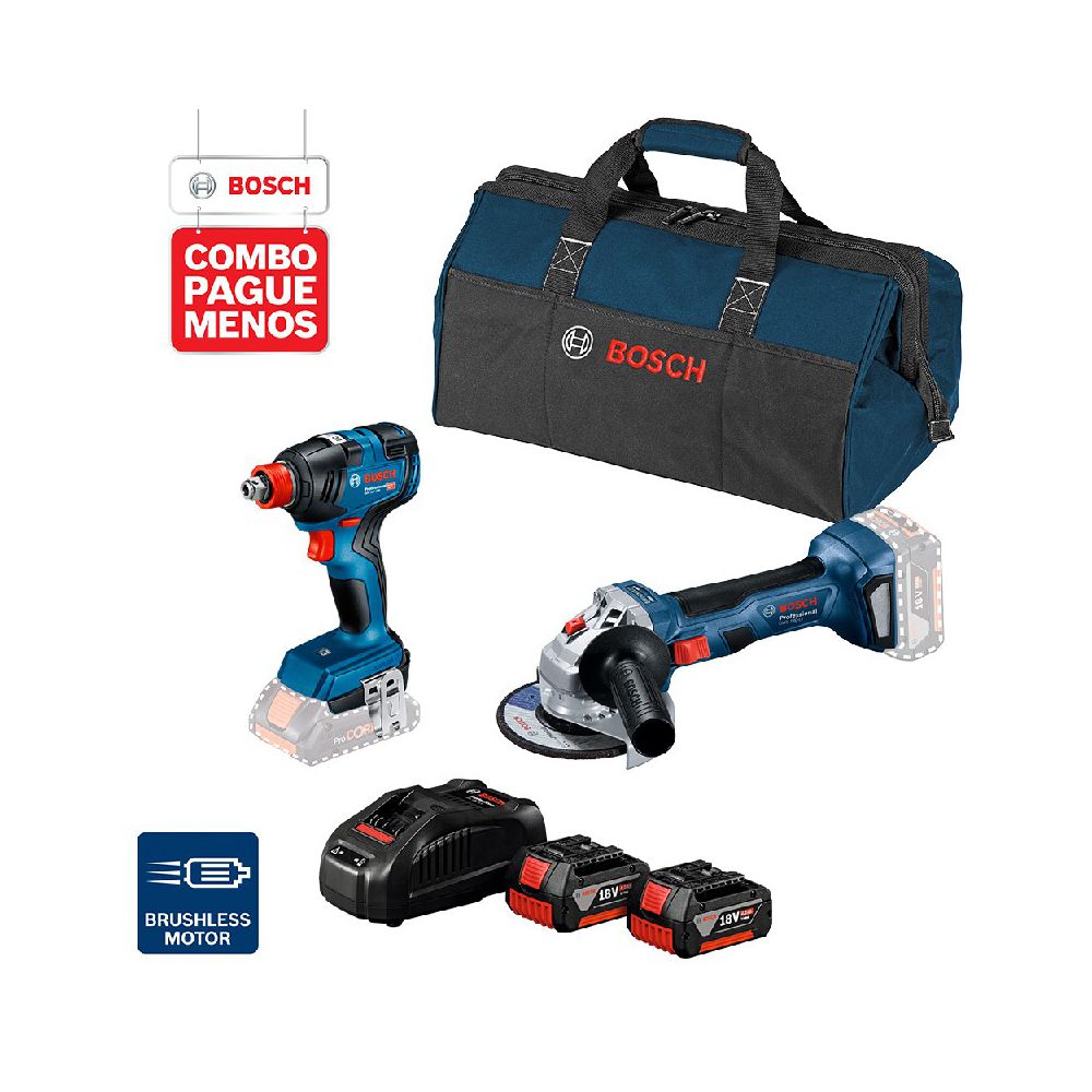 Combo Pague Menos Bosch 18V - Esmerilhadeira GWS 180-LI + Chave de Impacto GDX 18V-200, 2 baterias 18V 4,0Ah 1 carregador e 1 bolsa