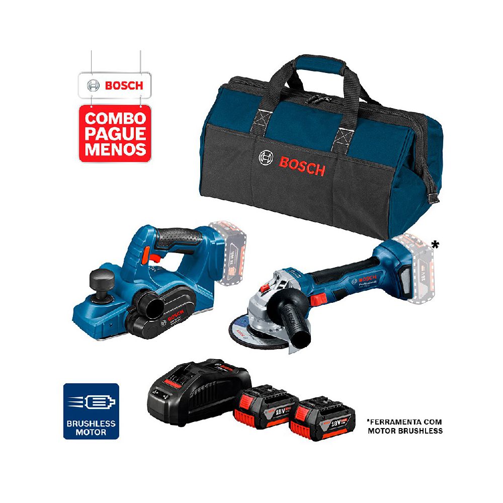 Combo Pague Menos Bosch 18V - Esmerilhadeira GWS 180-LI + Plaina GHO 18V-LI, 2 baterias 18V 4,0Ah 1 carregador e 1 bolsa