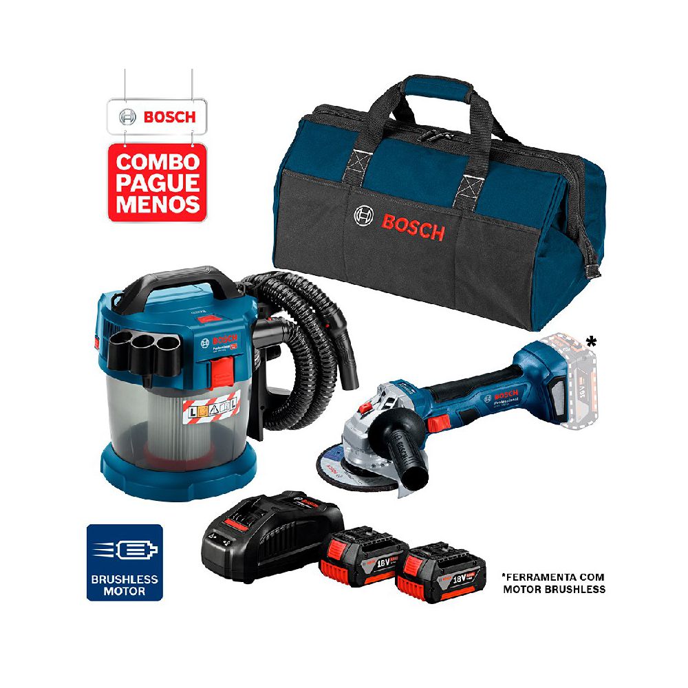 Combo Pague Menos Bosch 18V - Esmerilhadeira GWS 180-LI + Aspirador de Pó GAS 18V-10 L, 2 baterias 18V 4,0Ah 1 carregado... - Ritec Máquinas e Ferramentas