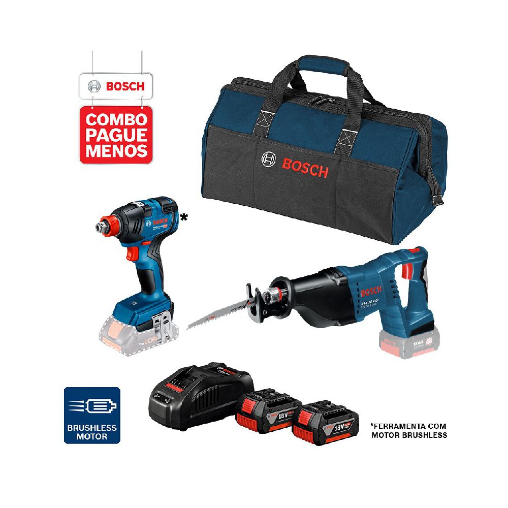 Combo Pague Menos Bosch 18V - Serra Sabre GSA 18V-LI + Chave de Impacto GDX 18V-200, 2 baterias 18V 4,0Ah 1 carregador e 1 bolsa