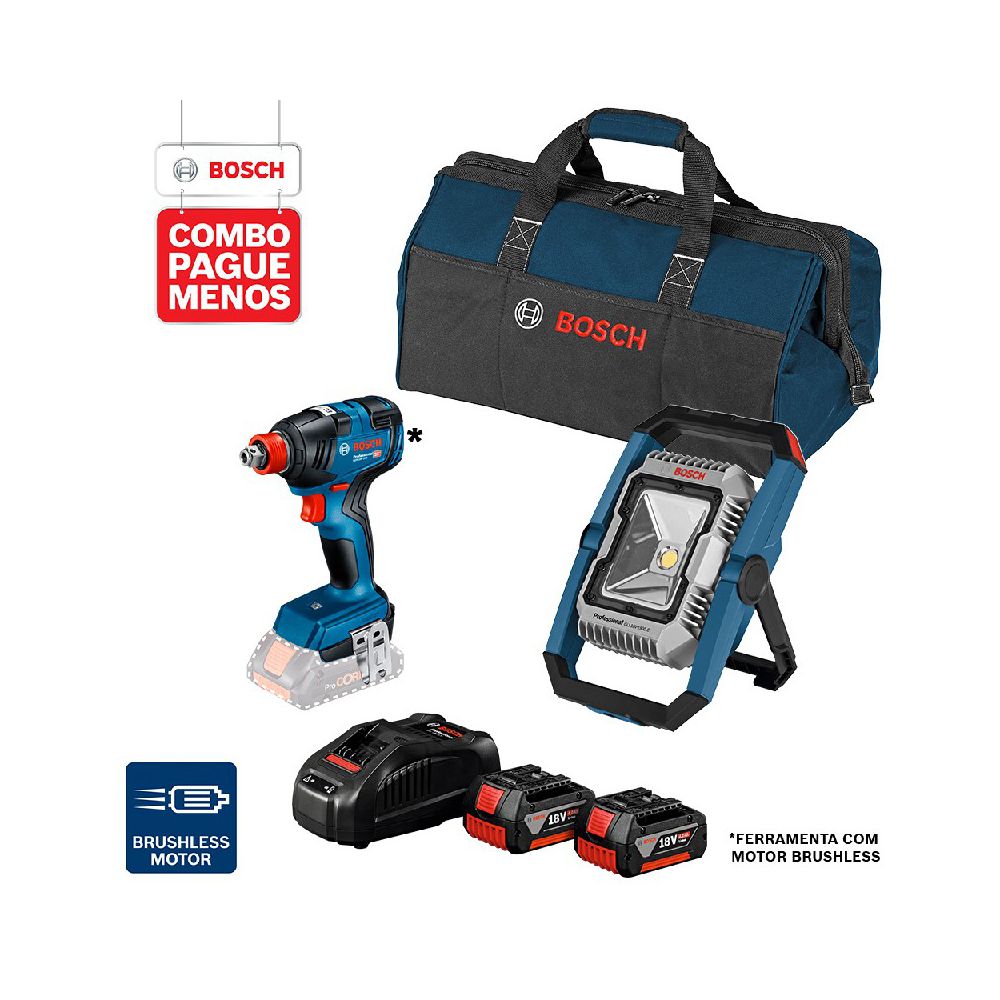 Combo Pague Menos Bosch 18V - Lanterna GLI 18V-1900,+ Chave de Impacto GDX 18V-200, 2 baterias 18V 4,0Ah 1 carregador e 1 bolsa