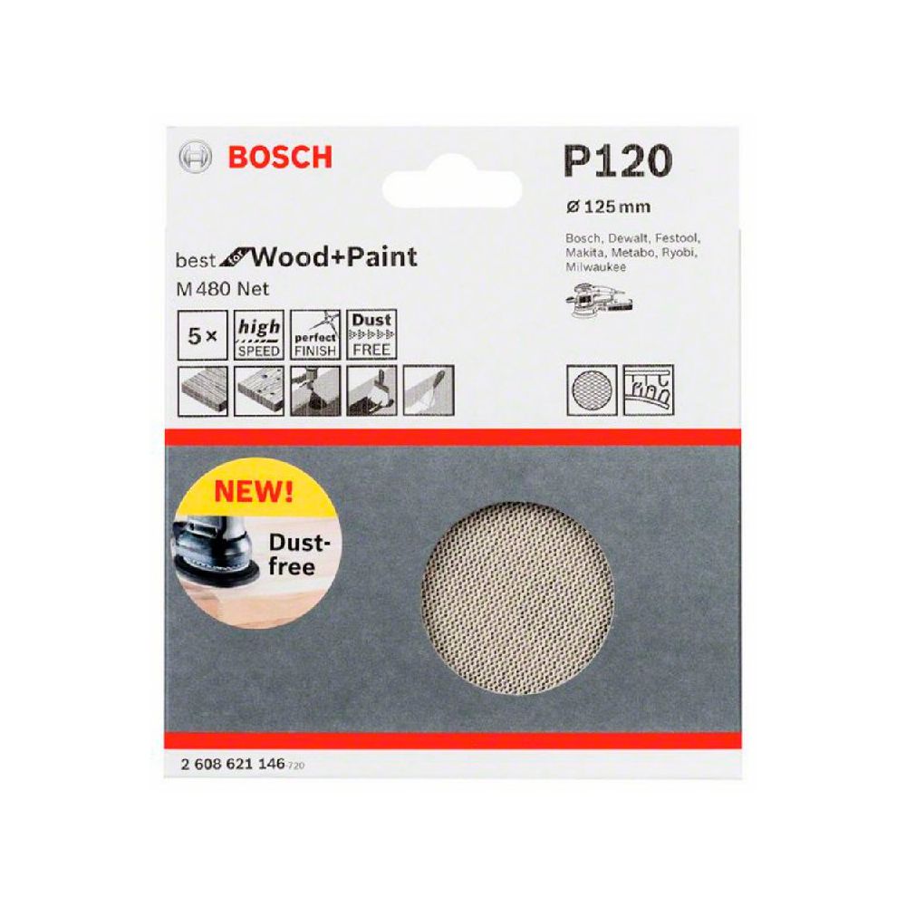 Disco de Lixa Bosch M480 Best for Wood & Paint; 125mm G120 Pacote com 5 unidades