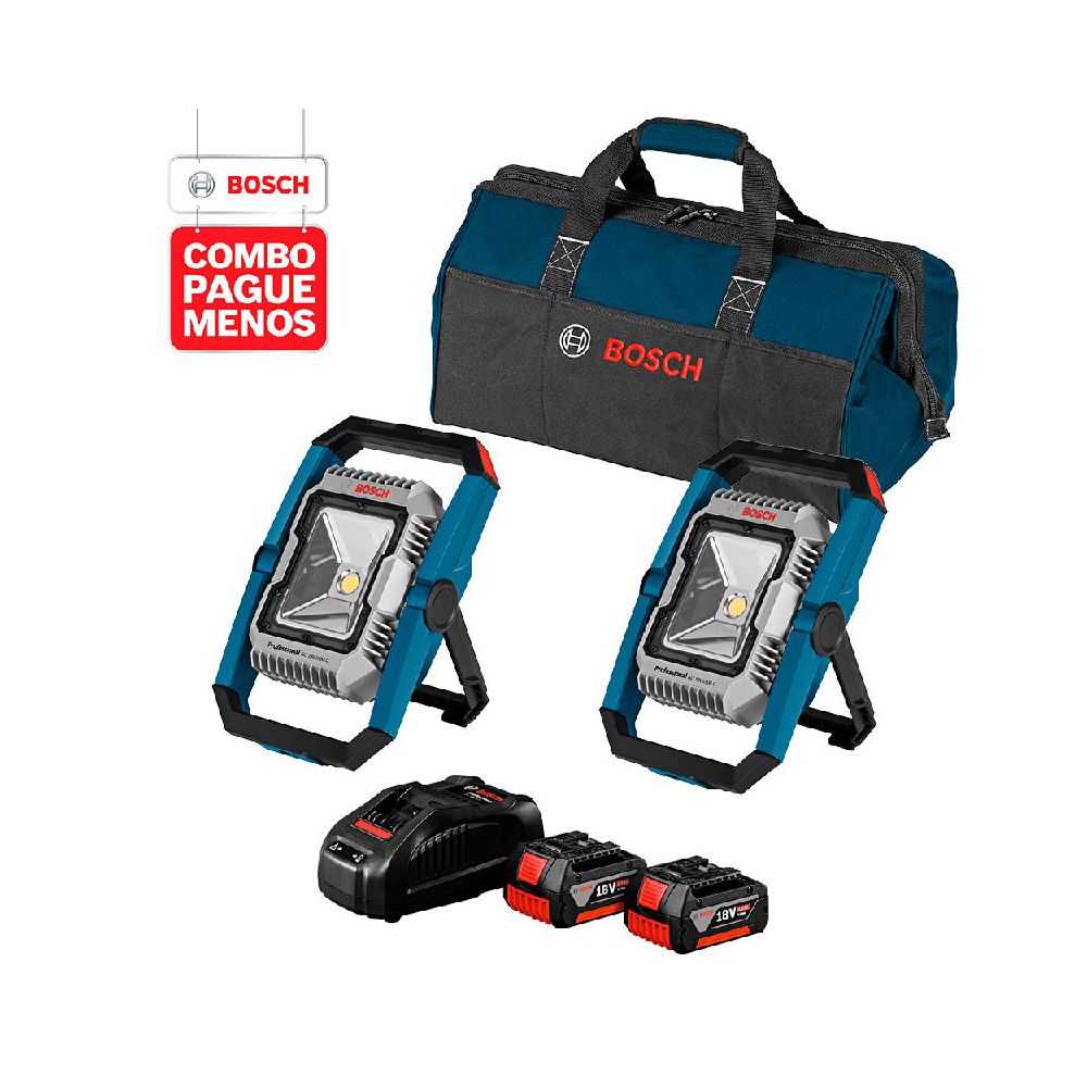 Combo Pague Menos Bosch 18V - Lanterna GLI 18V-1900 + Lanterna GLI 18V-1900, 2 baterias 18V 4,0Ah 1 carregador e 1 bolsa