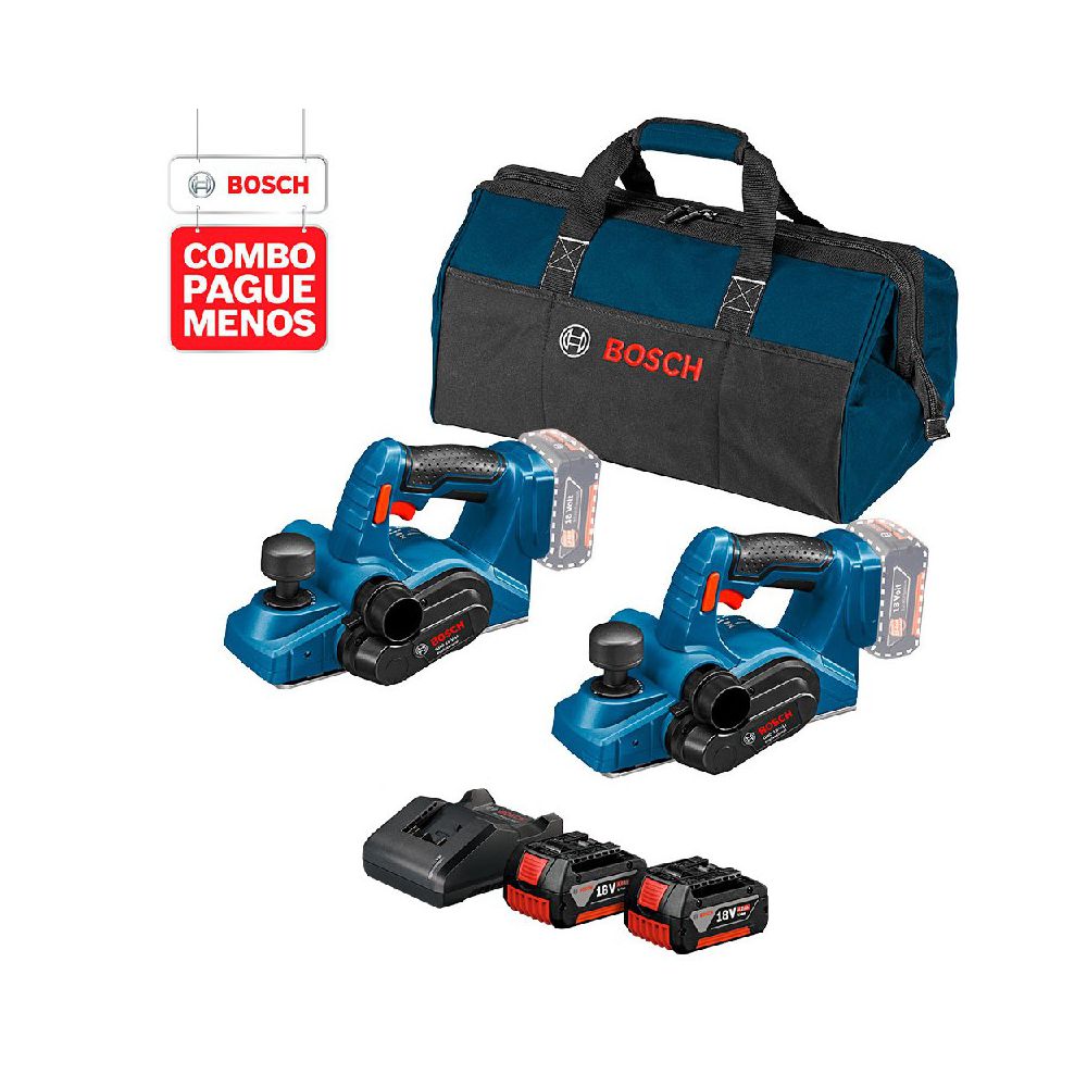 Combo Pague Menos Bosch 18V - Plaina GHO 18V-LI, 18V+ Plaina GHO 18V-LI, 2 baterias 18V 4,0Ah 1 carregador e 1 bolsa - Ritec Máquinas e Ferramentas