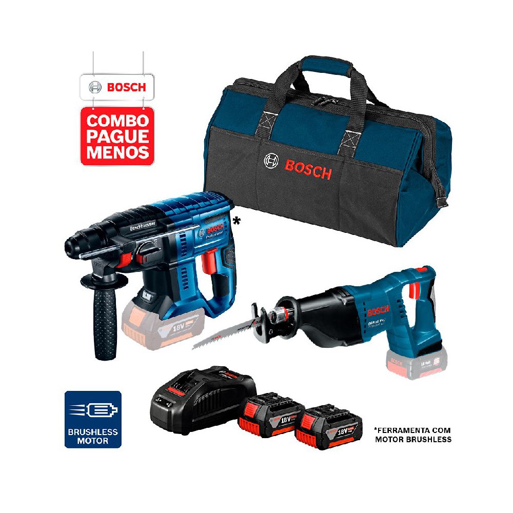 Combo Pague Menos Bosch 18V - Martelete Perf. GBH 180-LI SDS-Plus, 2J + Serra Sabre GSA 18V-LI, 2 baterias 18V 4,0Ah 1 c... - Ritec Máquinas e Ferramentas