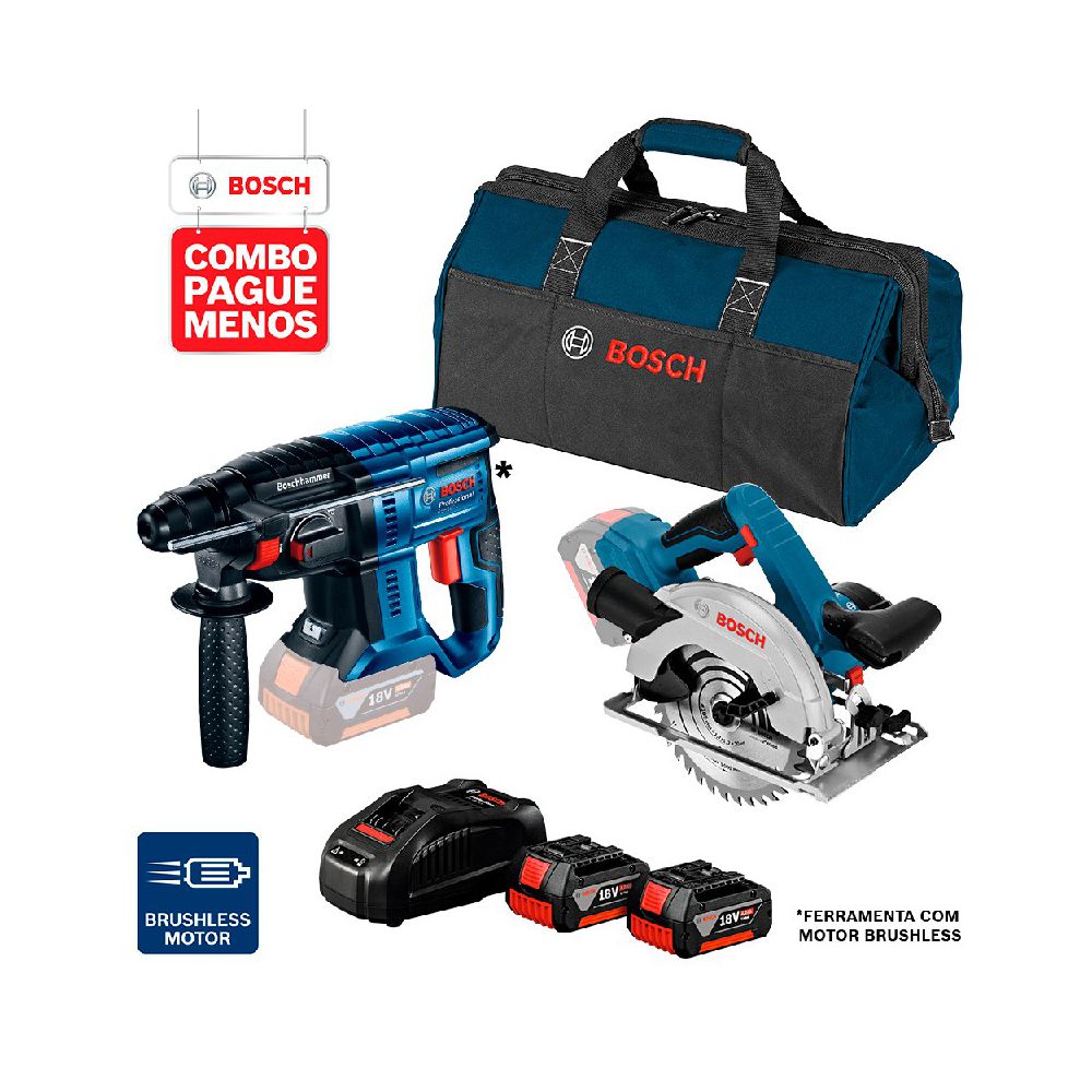 Combo Pague Menos Bosch 18V - Martelete Perf. GBH 180-LI SDS-Plus, 2J + Serra Circular GKS 18V-57, 2 baterias 18V 4,0Ah ... - Ritec Máquinas e Ferramentas