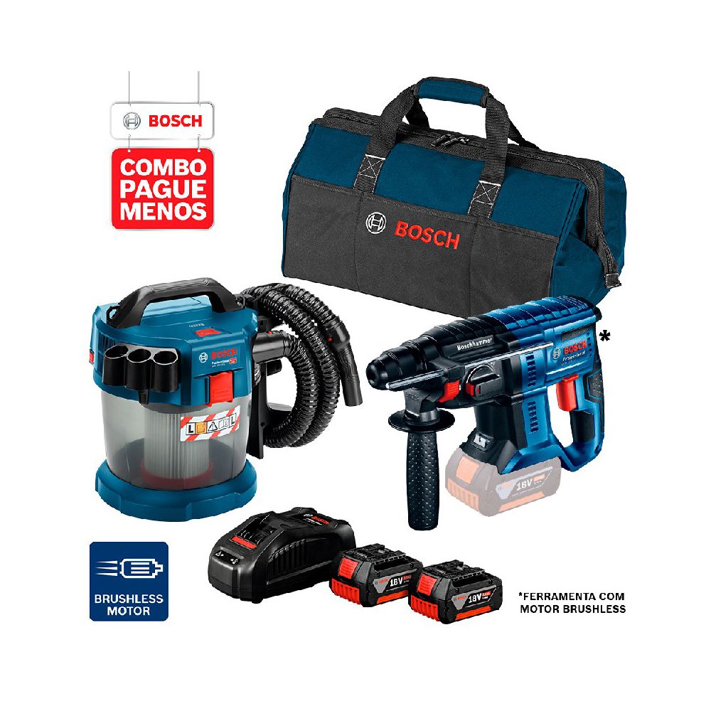 Combo Pague Menos Bosch 18V - Martelete Perf. GBH 180-LI SDS-Plus, 2J + Aspirador de Pó GAS 18V-10 L, 2 baterias 18V 4,0... - Ritec Máquinas e Ferramentas